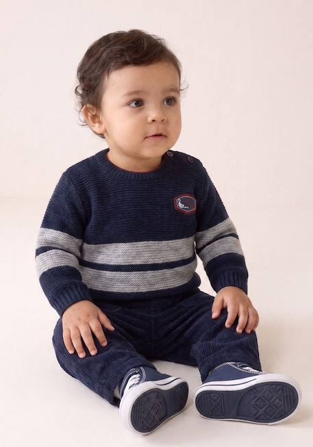 Pull 100% coton bébé garçon Fond indigo raye gris chine 1 - vertbaudet enfant 