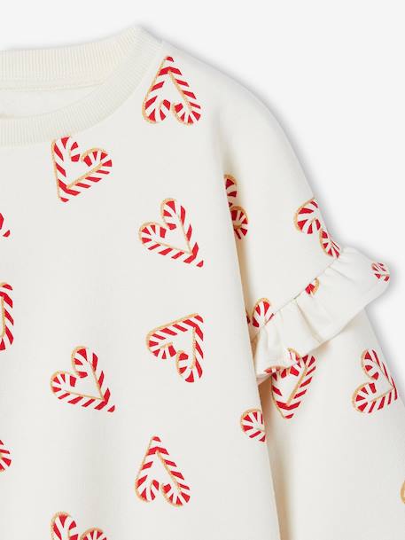 Sweat fille noël coeurs pailletés manches volantées écru+rose poudré 3 - vertbaudet enfant 