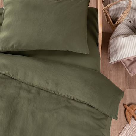 Taie d'oreiller satin de coton bio lavé Blanc craie+Cyprès 11 - vertbaudet enfant 