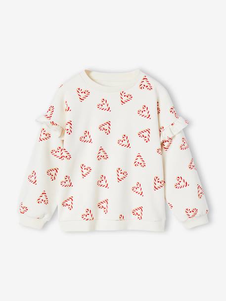 Sweat fille noël coeurs pailletés manches volantées écru+rose poudré 1 - vertbaudet enfant 