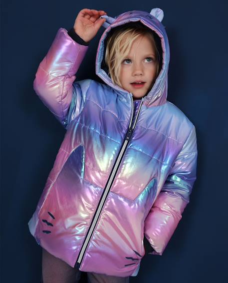 Manteau fille holographique avec capuche à oreilles Bleu 1 - vertbaudet enfant 