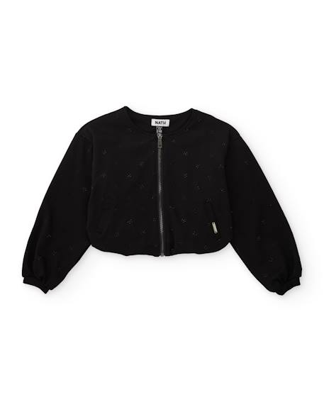 Blouson bomber fille en maille avec détail floral Noir 1 - vertbaudet enfant 