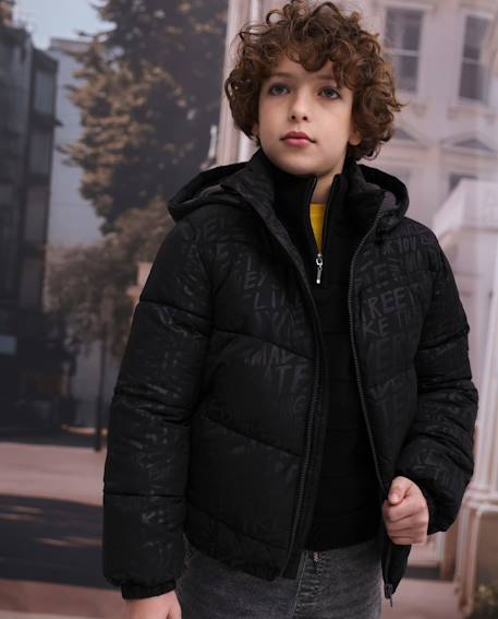 Manteau garçon matelassé avec capuche ajustable et imprimé lettres Noir 1 - vertbaudet enfant 