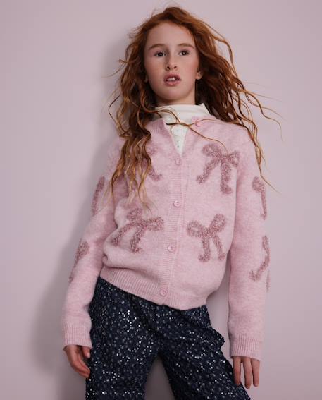 Gilet fille en tricot avec nœuds et boutons Rose 1 - vertbaudet enfant 