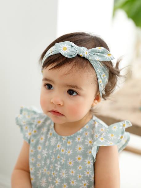 Ensemble bébé fille combinaison + bandeau imprimés rose pâle+rose poudré+vert céladon imprimé 24 - vertbaudet enfant 