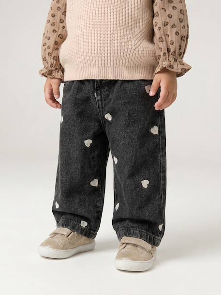 Jean large bébé fille petits coeurs brodés denim gris+stone 4 - vertbaudet enfant 
