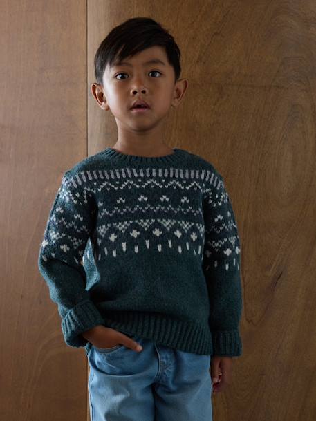 Pull jacquard col rond vert 2 - vertbaudet enfant 