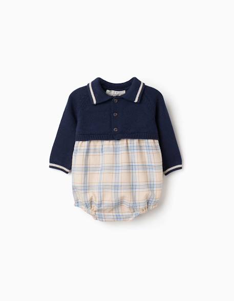 Barboteuse bi-matière à motif à carreaux Bleu foncé 1 - vertbaudet enfant 