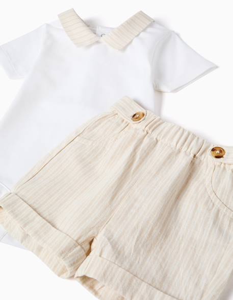 Ensemble body en coton + short à rayures Beige clair 4 - vertbaudet enfant 