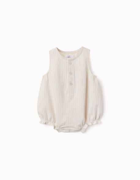 Barboteuse en coton et lin à rayures Beige clair 1 - vertbaudet enfant 