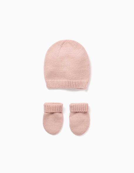 Ensemble bonnet + moufles en maille Rose clair 1 - vertbaudet enfant 