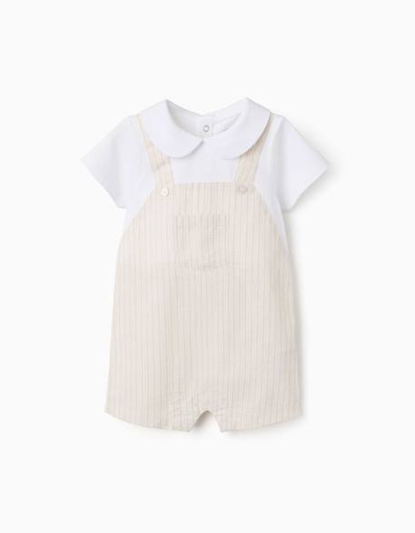 Barboteuse en coton et lin à rayures Beige clair 1 - vertbaudet enfant 