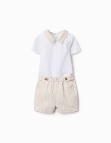 Ensemble body en coton + short à rayures Beige clair 1 - vertbaudet enfant 