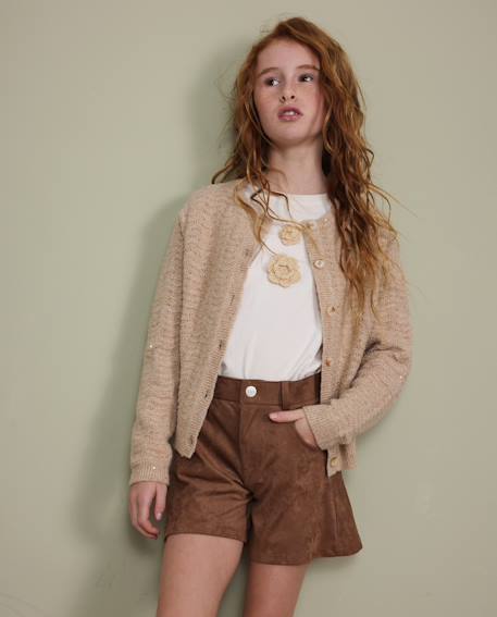 Short de fille en daim avec taille haute et fermeture à bouton Marron 1 - vertbaudet enfant 
