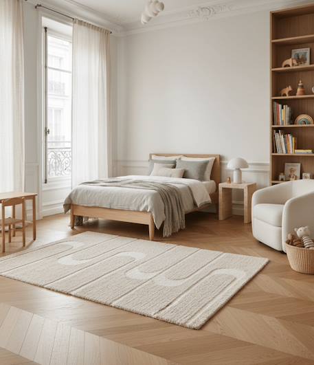 Tapis doux et épais en polyester recyclé effet relief calligramme Beige sable+Blanc pur 2 - vertbaudet enfant 