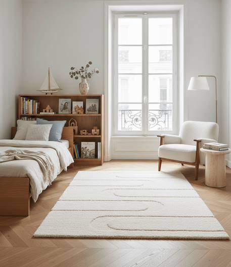 Tapis doux et épais en polyester recyclé effet relief calligramme Beige sable+Blanc pur 7 - vertbaudet enfant 