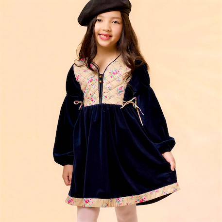 Robe hiver fille en velours bleu marine, fleurie rose | margot Bleu marine beige 1 - vertbaudet enfant 