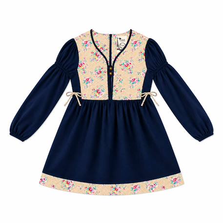 Robe hiver fille en velours bleu marine, fleurie rose | margot Bleu marine beige 3 - vertbaudet enfant 