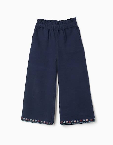 Pantalon en coton à jambe large avec fleurs brodées Bleu foncé 1 - vertbaudet enfant 
