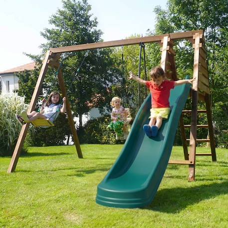Portique en bois carré 3 agrès balançoire bébé, face à face et toboggan trefle Marron 4 - vertbaudet enfant 