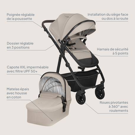 Poussette trio lionelo bianka - jusqu'à 22kg - pack poussette, nacelle, siège auto et accessoires Beige sand+Beige taupe+Black onyx+Grey stone 2 - vertbaudet enfant 