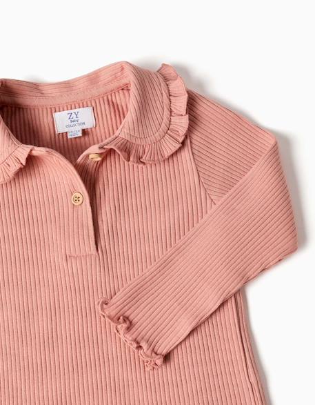 T-shirt à manches longues côtelé avec col à volants Blanc+Rose 7 - vertbaudet enfant 