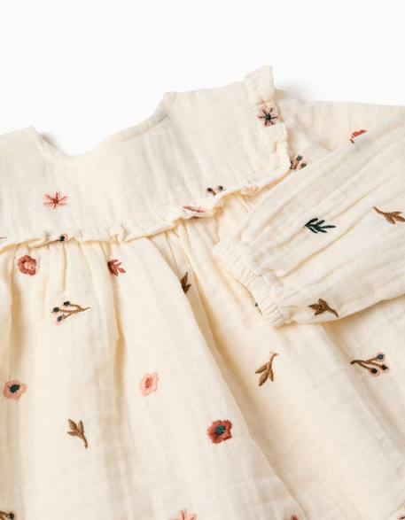 Blouse en coton à manches longues avec fleurs brodées Blanc 4 - vertbaudet enfant 
