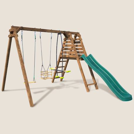 Portique en bois carré 3 agrès balançoire bébé, face à face et toboggan trefle Marron 1 - vertbaudet enfant 