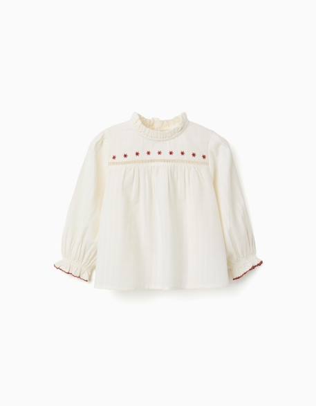Chemise en coton à manches longues avec fleurs et volants Blanc 1 - vertbaudet enfant 