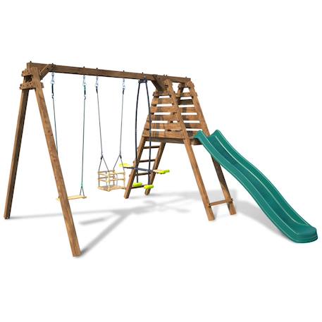 Portique en bois carré 3 agrès balançoire bébé, face à face et toboggan trefle Marron 3 - vertbaudet enfant 