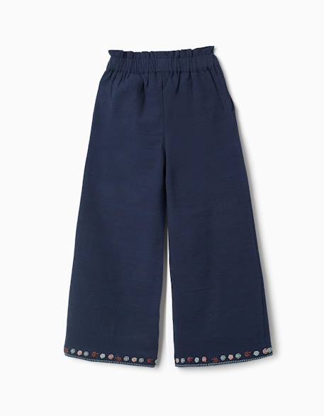 Pantalon en coton à jambe large avec fleurs brodées Bleu foncé 2 - vertbaudet enfant 