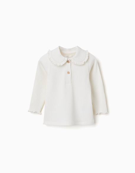 T-shirt à manches longues côtelé avec col à volants Blanc+Rose 1 - vertbaudet enfant 