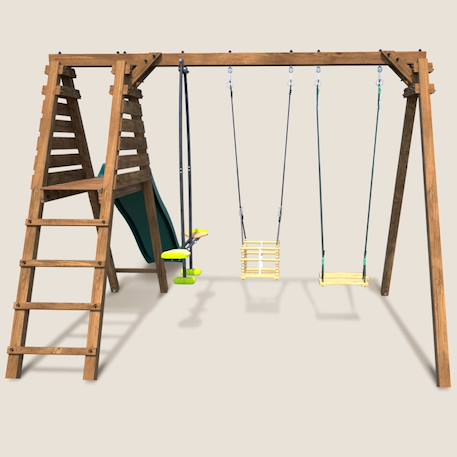Portique en bois carré 3 agrès balançoire bébé, face à face et toboggan trefle Marron 2 - vertbaudet enfant 