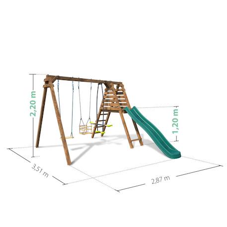 Portique en bois carré 3 agrès balançoire bébé, face à face et toboggan trefle Marron 5 - vertbaudet enfant 