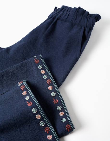 Pantalon en coton à jambe large avec fleurs brodées Bleu foncé 4 - vertbaudet enfant 