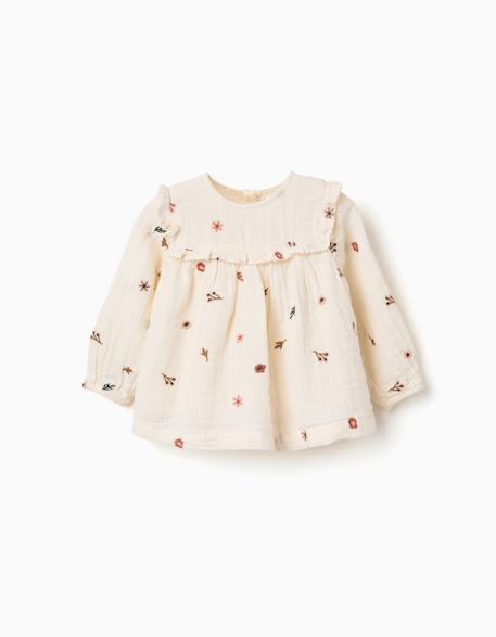 Blouse en coton à manches longues avec fleurs brodées Blanc 1 - vertbaudet enfant 