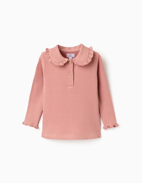T-shirt à manches longues côtelé avec col à volants Blanc+Rose 5 - vertbaudet enfant 