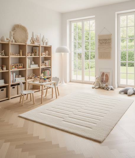 Tapis doux et épais en polyester recyclé effet relief passage Beige sable+Blanc pur 2 - vertbaudet enfant 