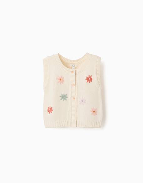 Gilet sans manches en maille avec broderie florale Blanc 1 - vertbaudet enfant 