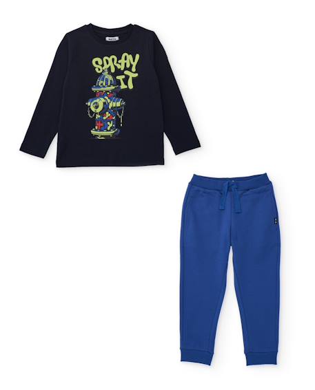 Ensemble garçon avec t-shirt en coton à motif graffiti et pantalon Bleu 1 - vertbaudet enfant 