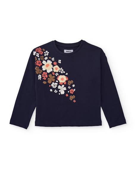 T-shirt de fille en maille avec imprimé floral latéral Bleu 1 - vertbaudet enfant 