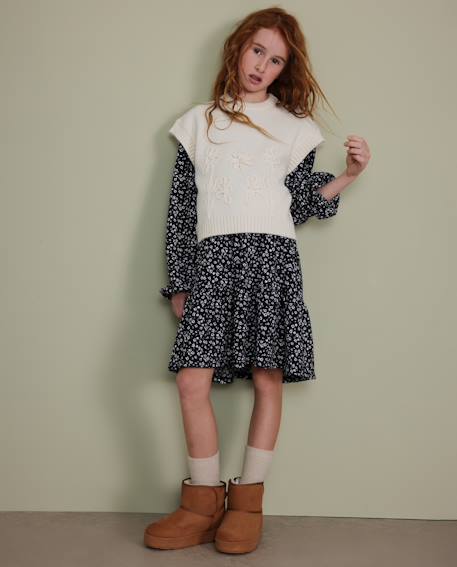 Robe fille en toile avec design floral et manches à volants Noir 1 - vertbaudet enfant 