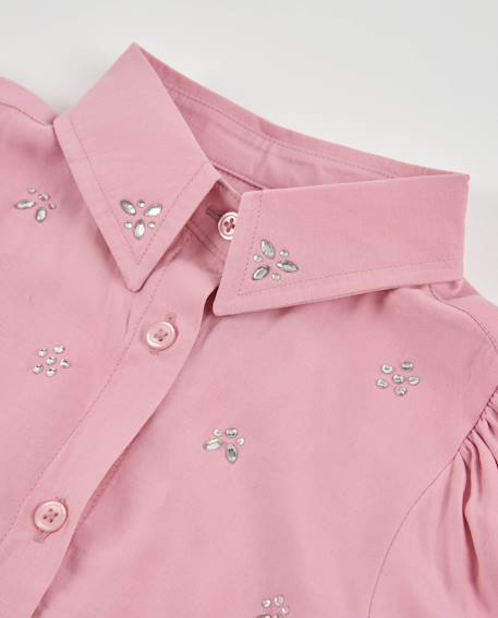 Chemise fille en toile avec broderies de gemmes et manches longues Rose 4 - vertbaudet enfant 