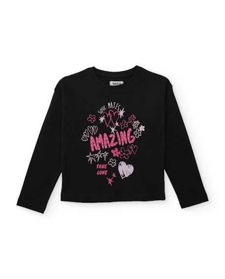 T-shirt fille en maille avec manches longues et imprimé graphique Noir 1 - vertbaudet enfant 