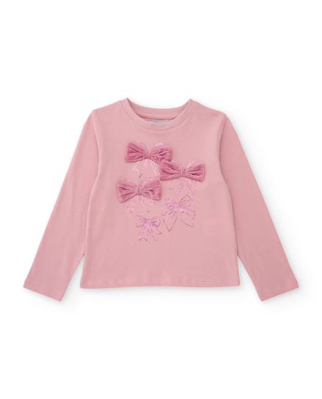 T-shirt fille en maille avec nœuds sur la poitrine et manches longues Rose 1 - vertbaudet enfant 
