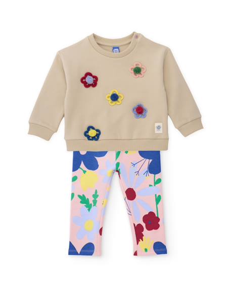 Ensemble fille en molleton avec sweat fleuri et legging imprimé Beige 1 - vertbaudet enfant 