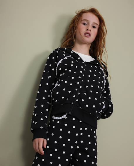 Sweat à capuche en molleton pour fille avec design floral et dentelle Noir 1 - vertbaudet enfant 