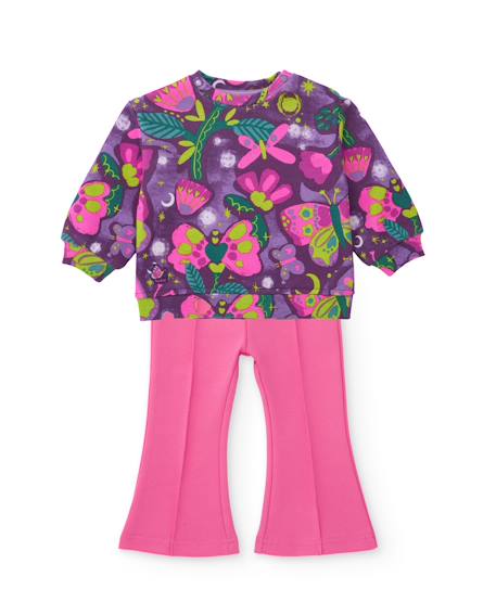 Ensemble en molleton fille avec sweat fleuri et pantalon assorti Violet 1 - vertbaudet enfant 