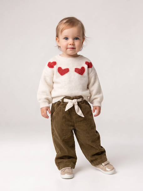 Pantalon large en velours ceinture à fleurs bébé olive+vieux rose 2 - vertbaudet enfant 