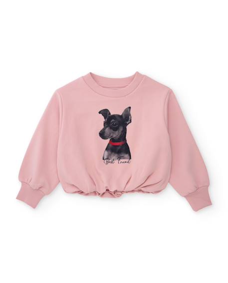Sweat-shirt fille en molleton avec imprimé chiot et taille froncée Rose 1 - vertbaudet enfant 